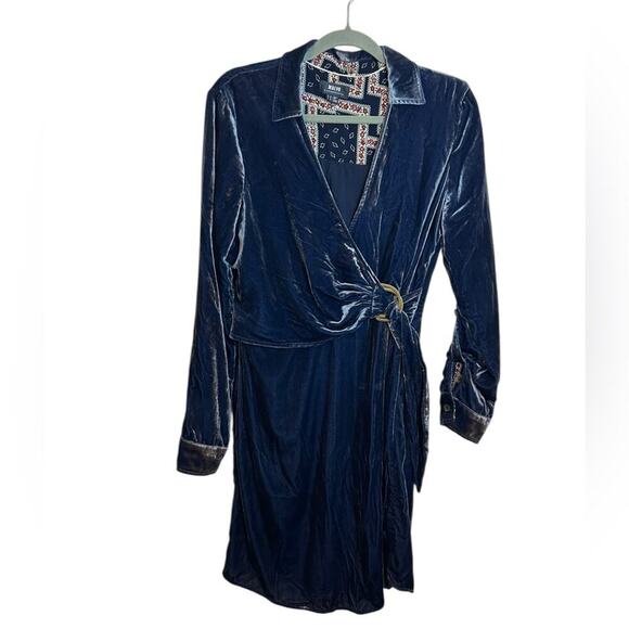 Maeve Blue Velvet Belted Wrap Shirt Dress - Picture 2 of 9